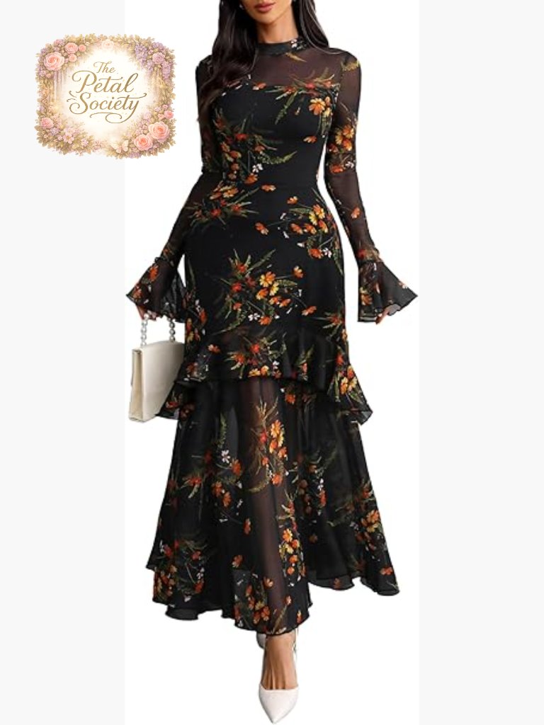 Floral Maxi Dress Sheer Mesh Bell Sleeve Tiered Ruffle Gothic Romantic
